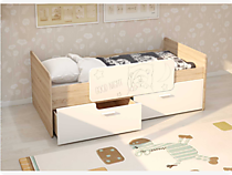 Кровать Умка с ограничителем и двумя ящиками, белый гялнец/дуб сонома