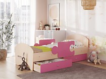 Кровать Мозаика с бортами и ящиками, дуб млечный/розовый