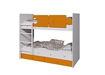 Кровать 2-х ярусная Тетрис с бортиками и ящиками, белый/оранж