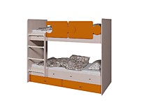 Кровать 2-х ярусная Тетрис с бортиками и ящиками, дуб млечный/оранж